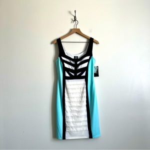 NWT JAX Sleeveless Bodycon Dress Size 12 Teal Black White Stripes Geometric